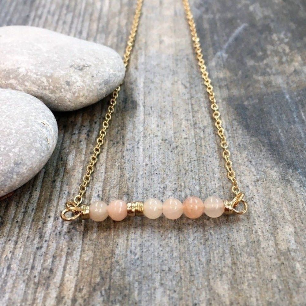 Pink Quartz Stone Bar Necklace Gold